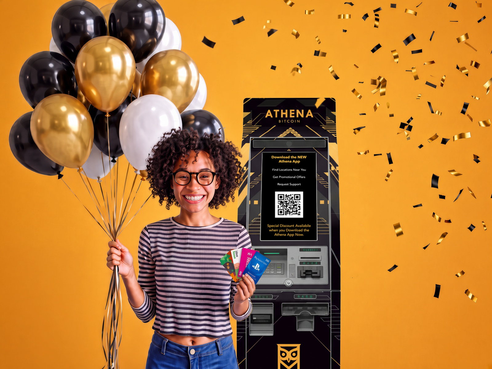 A woman with balloons beside an Athena kiosk
