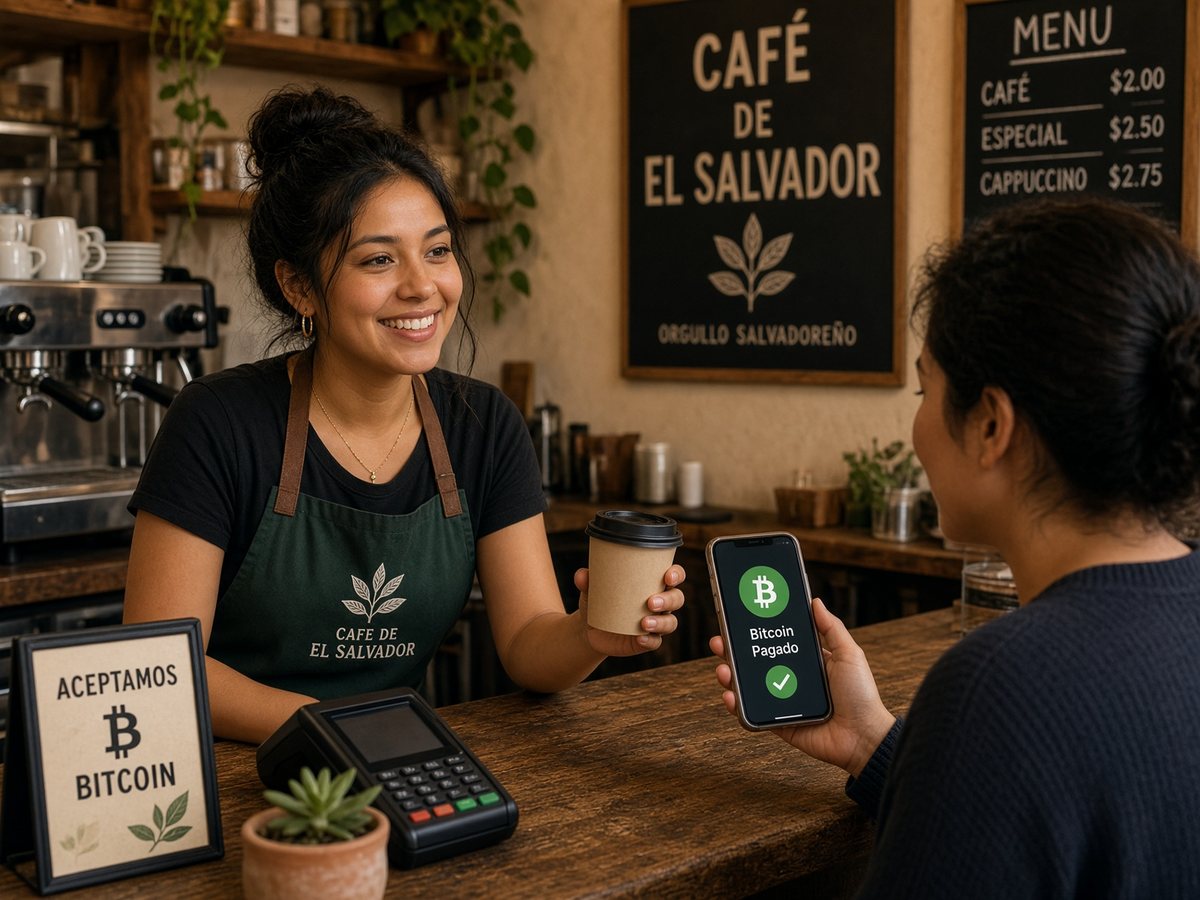 A cafe worker hands over a coffee while the customer's phone shows a confirmed Bitcoin payment