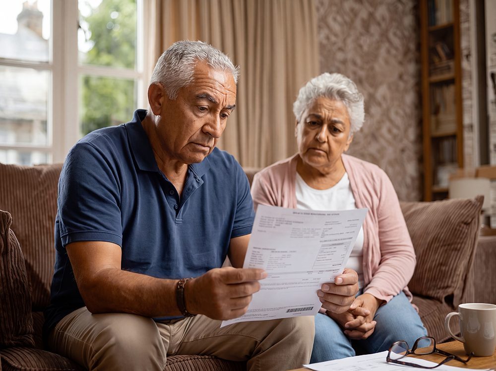 An older couple reviewing a bill at home